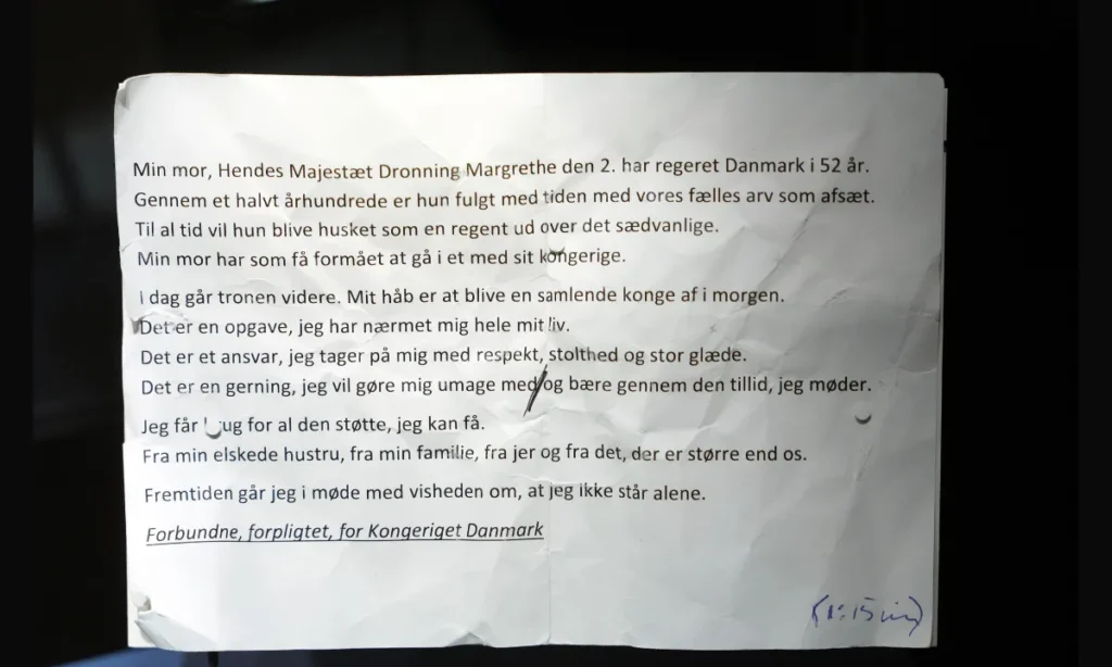 Kongens allerførste tale. Frederik d. 10. talepapir fra tronskiftedagen d. 14 januar 2024.
